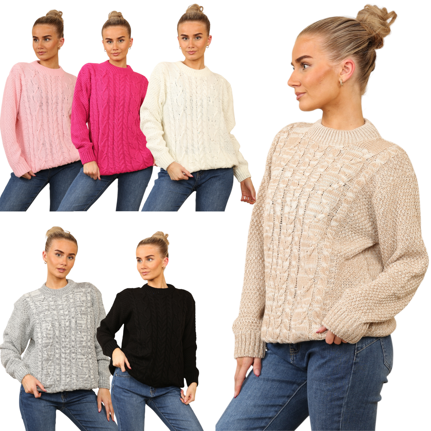 WOMENS JUMPER LADIES CABLE KNIT OVERSIZED SWEATER LONG SLEEVE CREW NECK VINTAGE PULLOVER WINTER WARM CASUAL KNITTED TOP