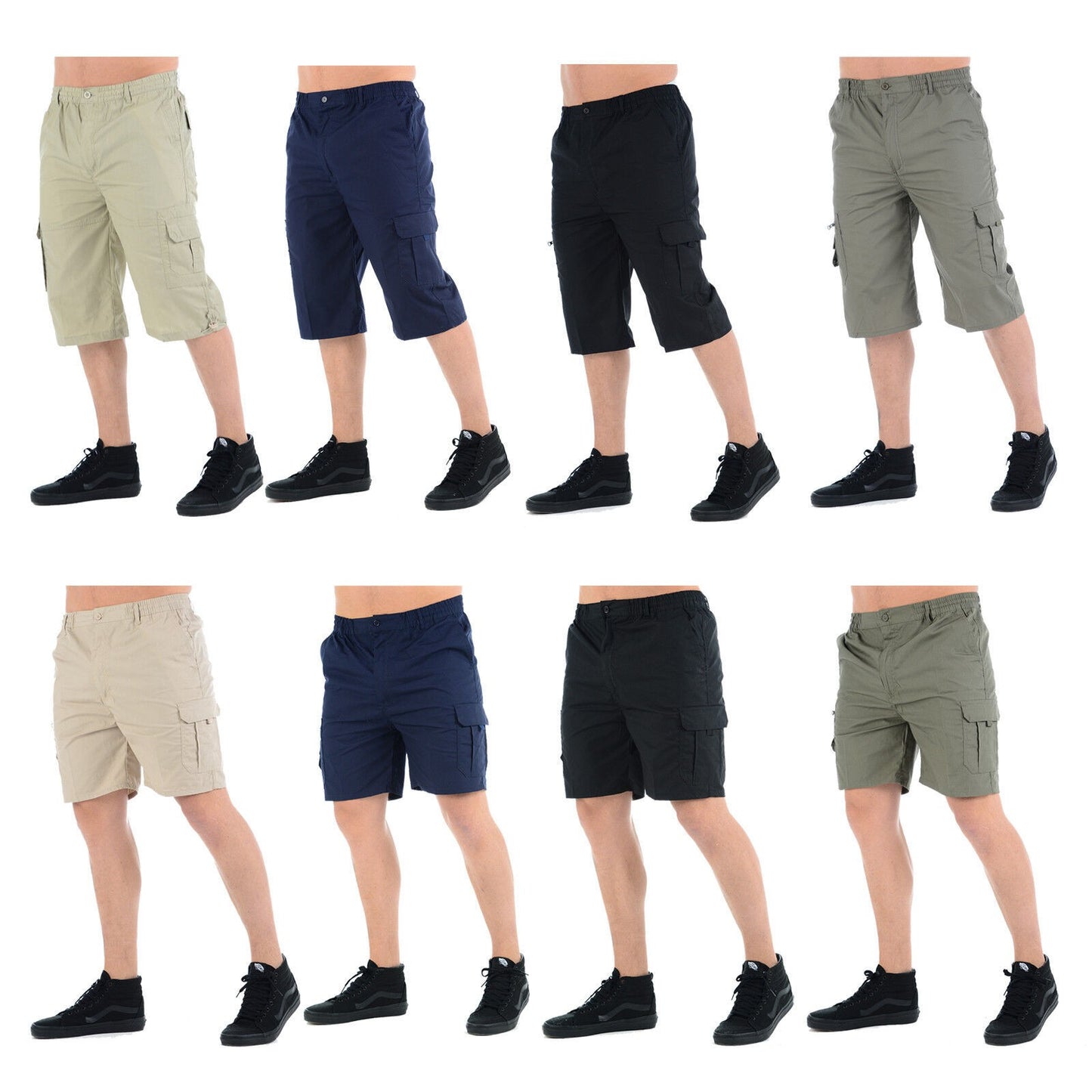 MENS 3/4 CARGO SHORTS THREE QUARTER LENGTH COMBAT CASUAL SUMMER LIGHTWEIGHT POLY COTTON WORKWEAR ELASTIC WAIST BIG SIZES S-5XL