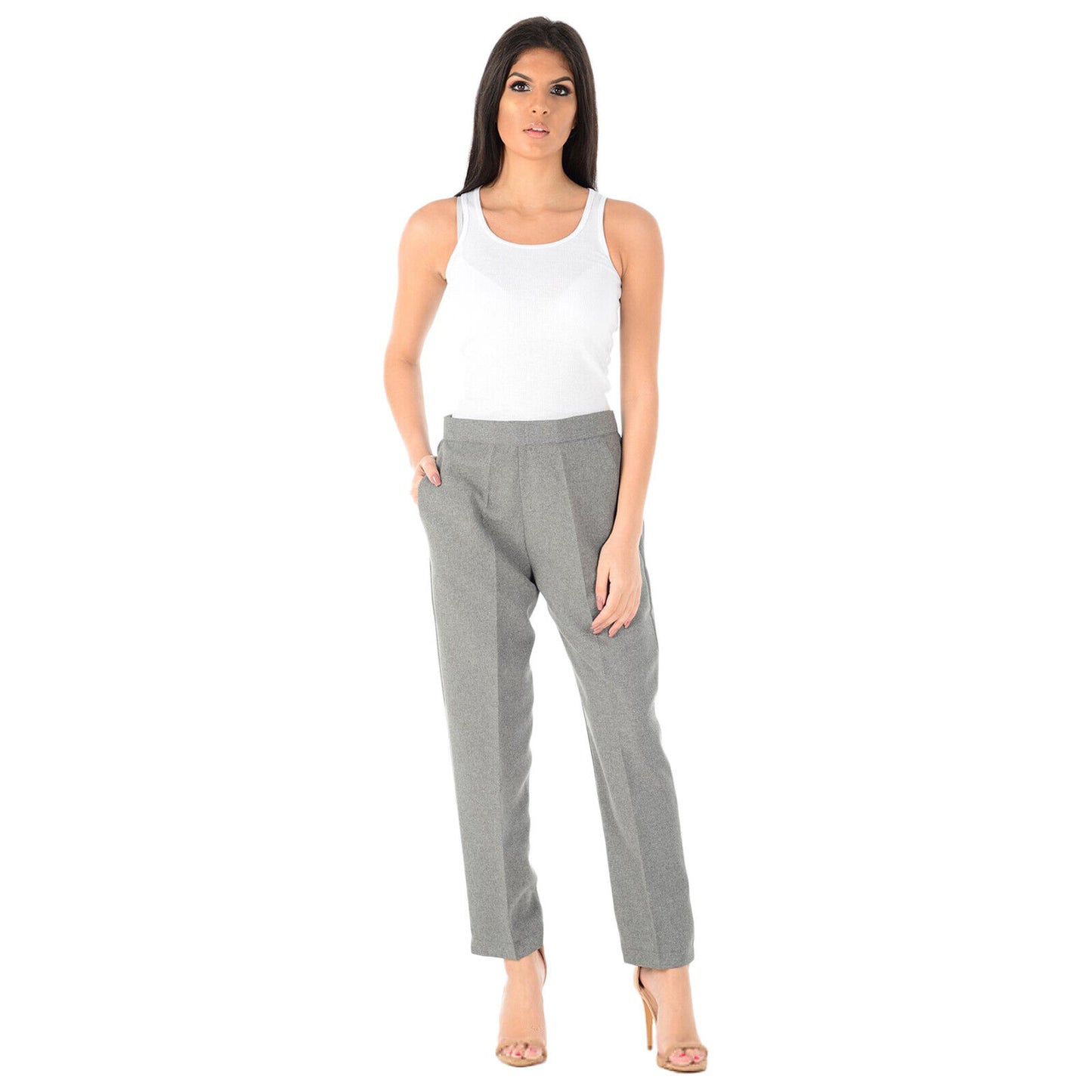 PACK OF 2 LADIES WOMENS HALF ELASTICATED WAIST TROUSERS WITH POCKETS PLUS SIZE 16 to 20