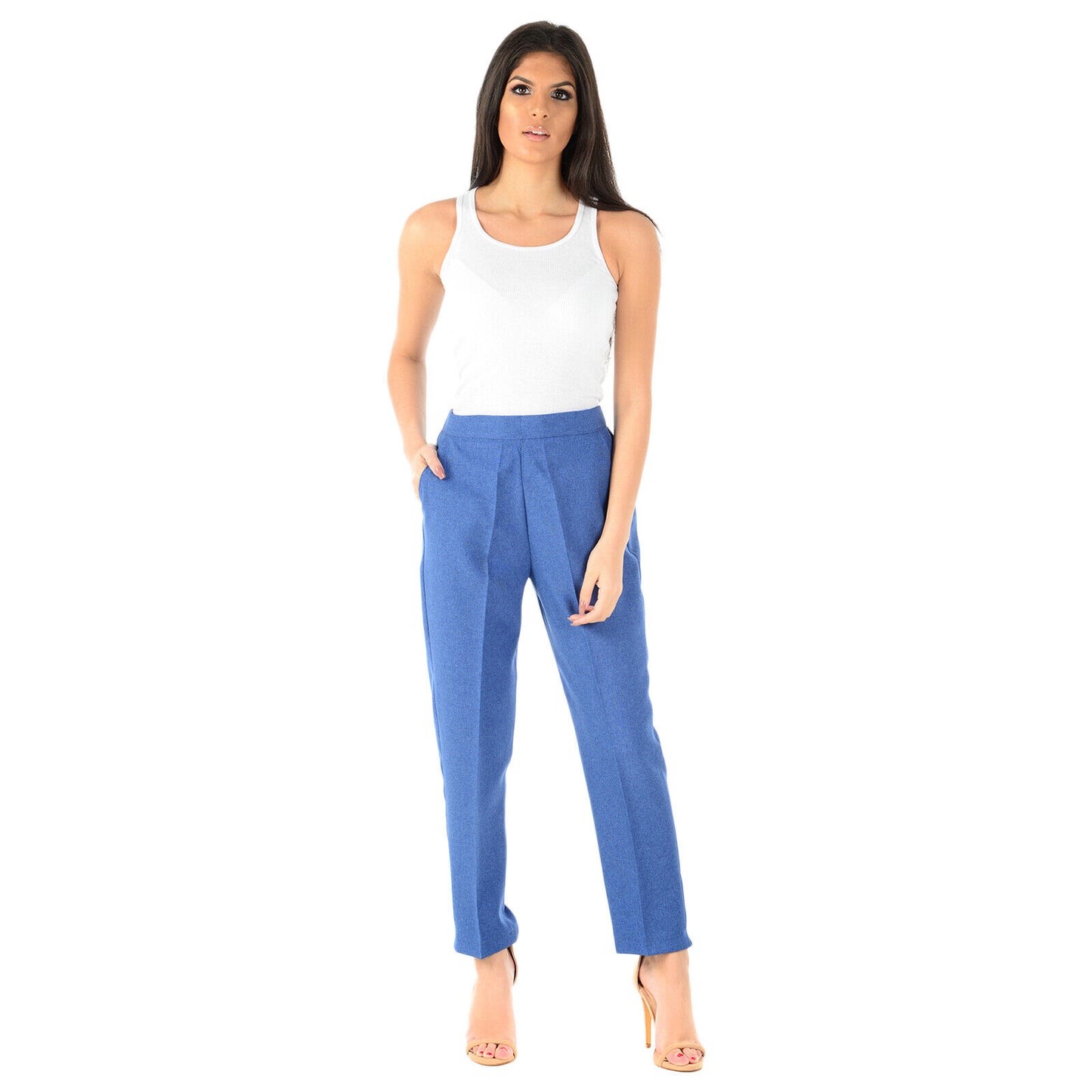 PACK OF 2 LADIES WOMENS HALF ELASTICATED WAIST TROUSERS WITH POCKETS PLUS SIZE 16 to 20