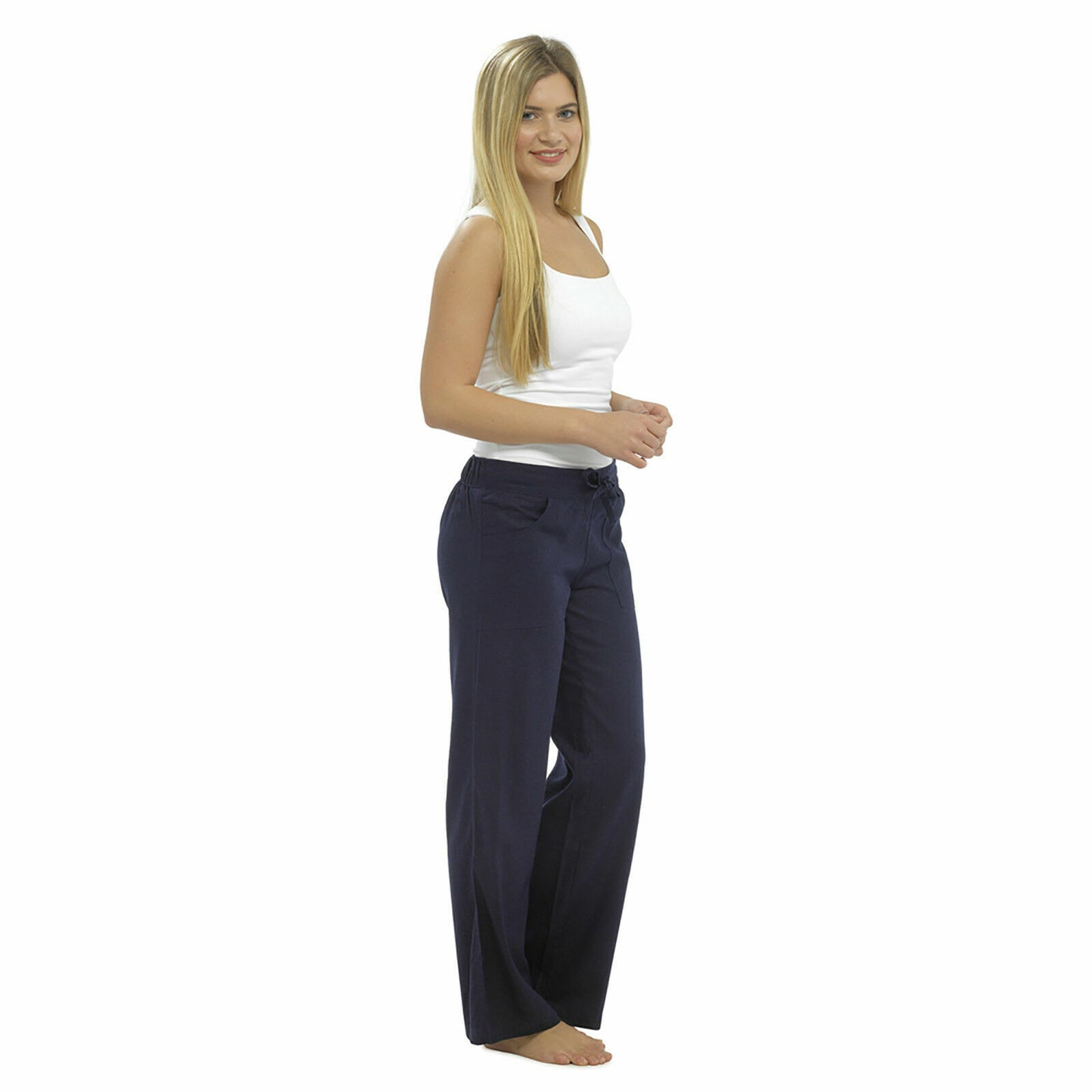 WOMENS LINEN TROUSERS SUMMER CASUAL BEACH PANTS ELASTIC WAIST LIGHTWEIGHT LOOSE FIT