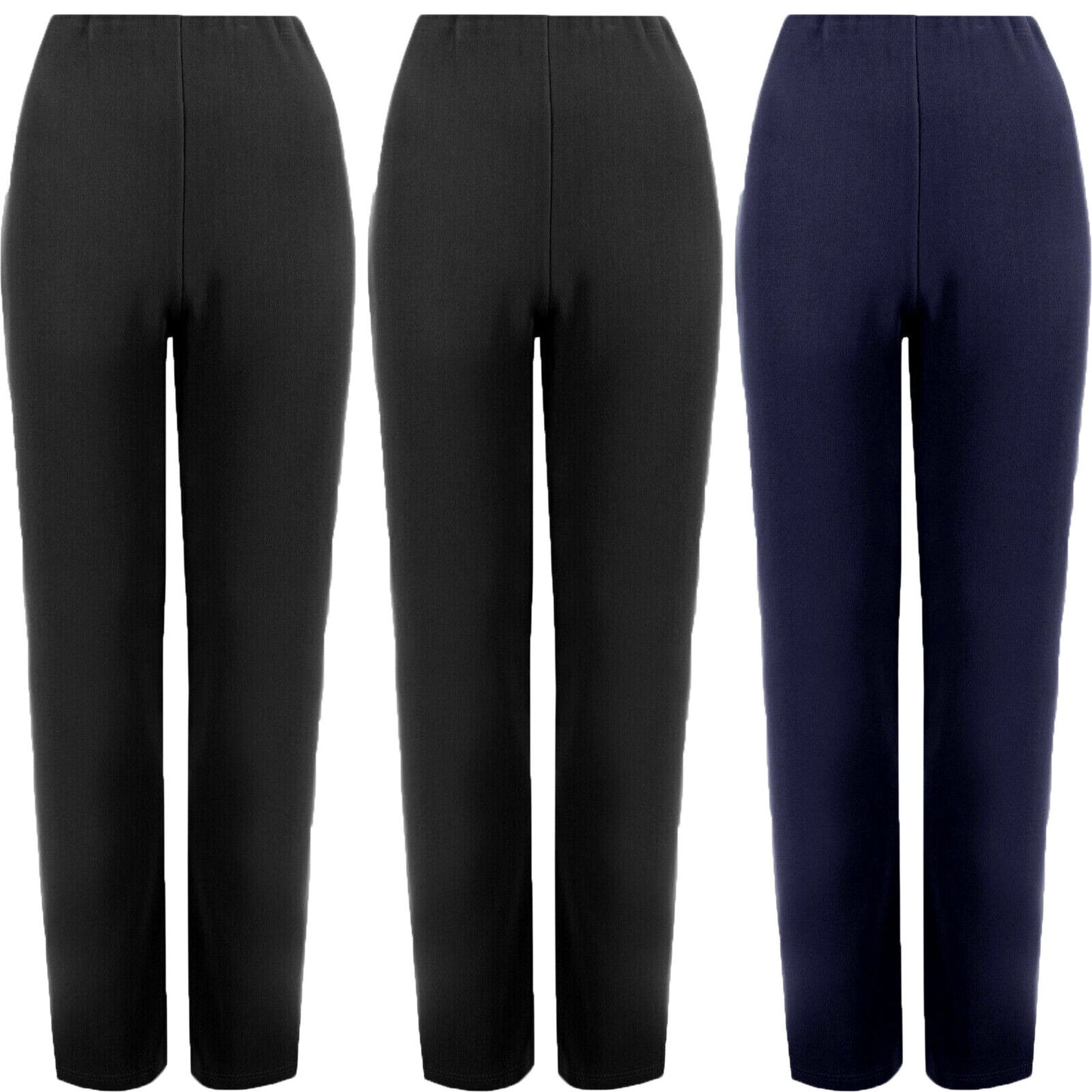 PACK OF 3 WOMENS STRETCH TROUSERS STRAIGHT LEG PULL ON PANTS BOTTOMS