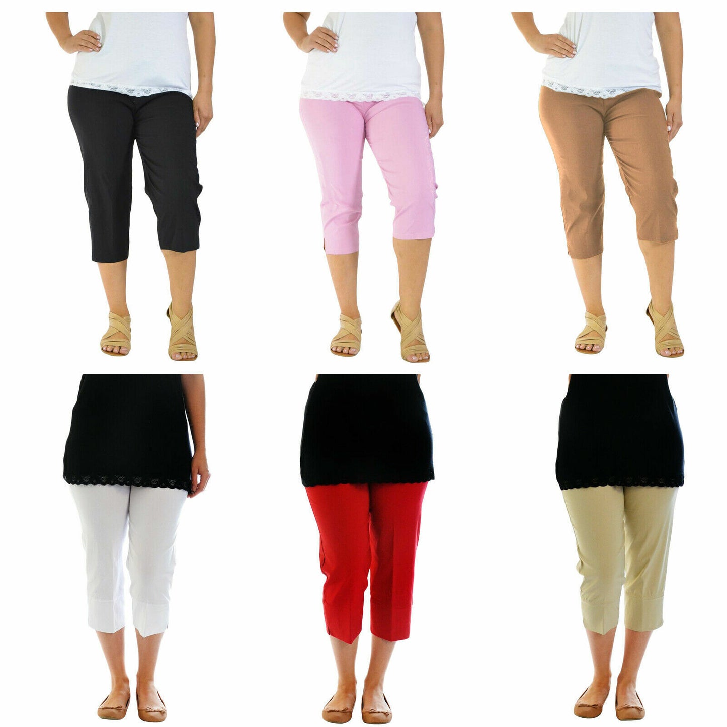 LADIES BENGALINE 3/4 THREE QUARTER CAPRI TROUSERS STRETCH ELASTICATED WAIST CROP PANTS
