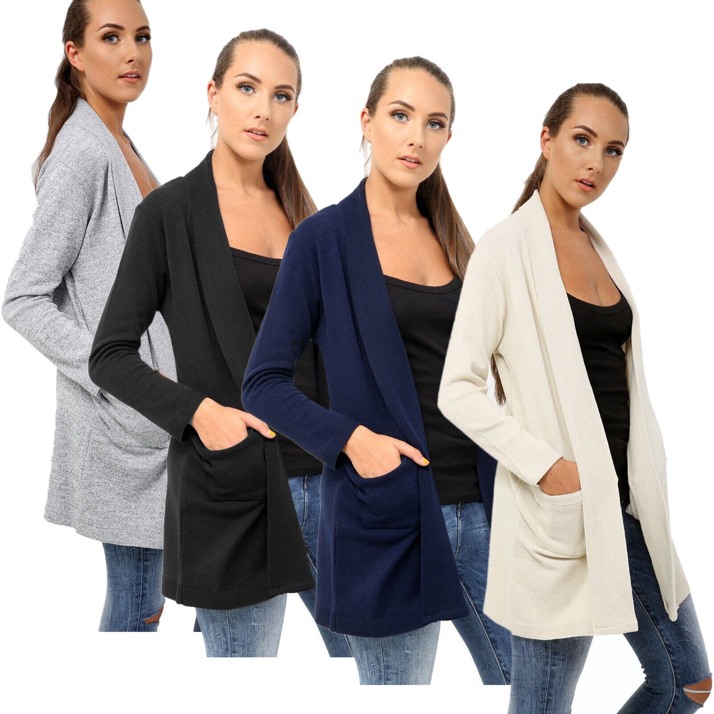 LADIES OPEN KNITTED CARDIGAN WOMENS LONGLINE LONG SLEEVE BOYFRIEND POCKET JUMPER