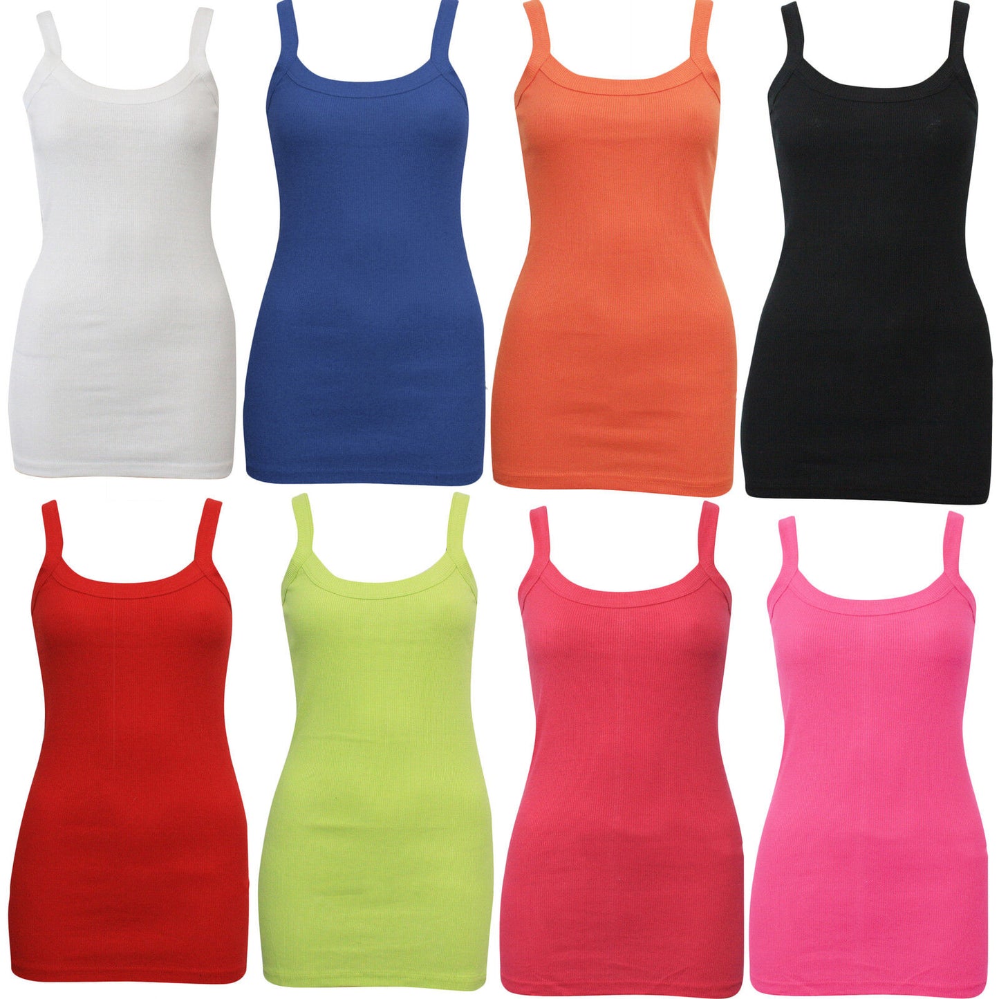 NEW WOMEN'S PLAIN STRETCHY LADIES RIBBED VEST TOP T SHIRT RIB STRAP SIZES 8-14