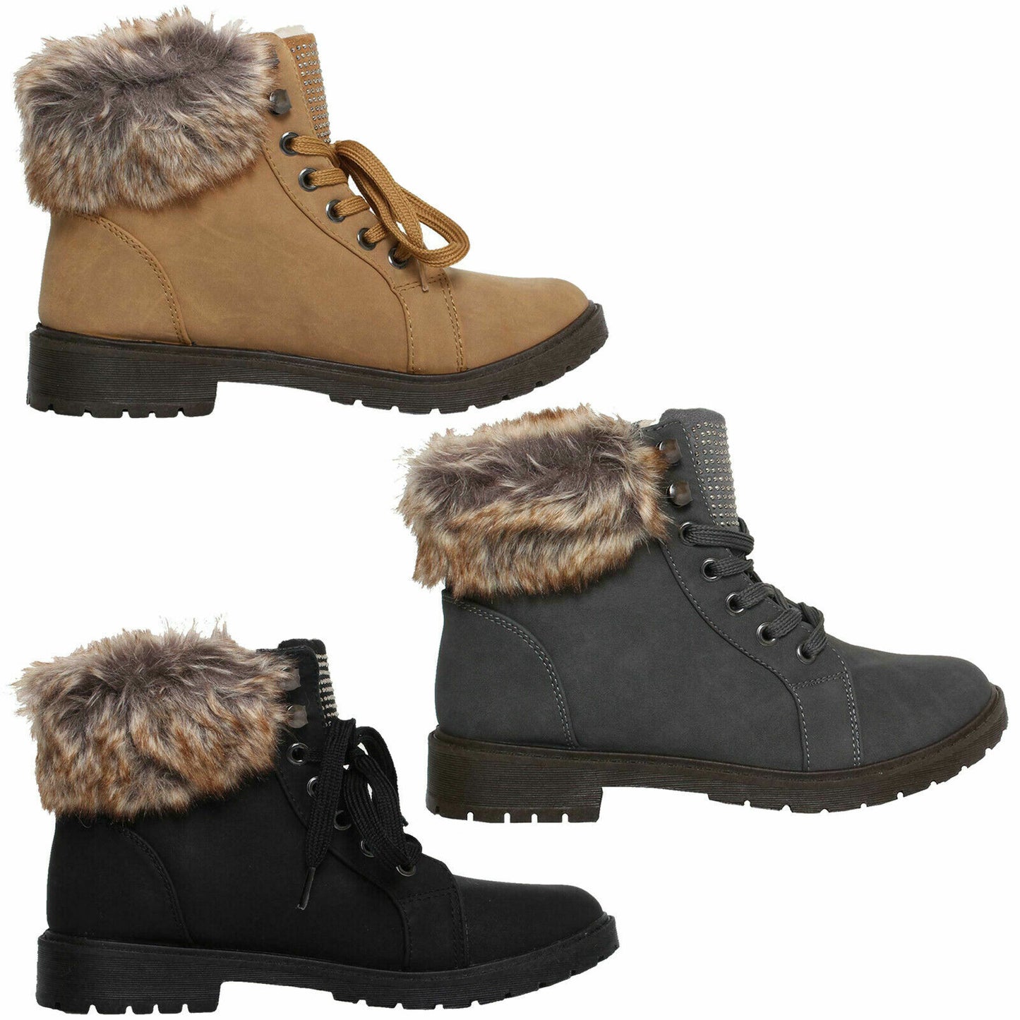 WOMEN FAUX FUR LINING LACE UP WARM WINTER GRIP SOLE TONGUE STYLE ARMY BOOT SHOES