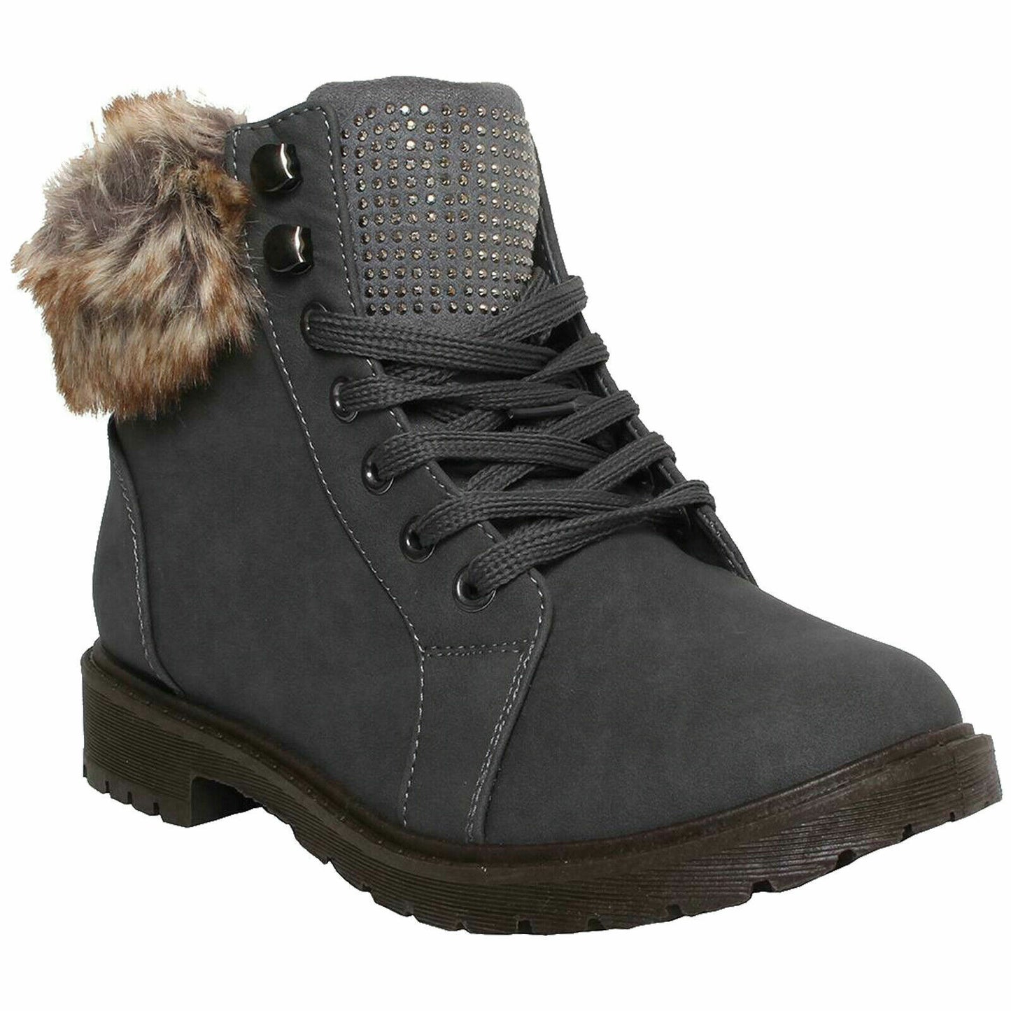 WOMEN FAUX FUR LINING LACE UP WARM WINTER GRIP SOLE TONGUE STYLE ARMY BOOT SHOES