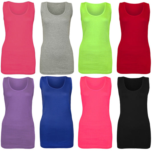 PACK OF 2 NEW LADIES WOMEN PLAIN SUMMER STRETCHY RIBBED CASUAL TOP T SHIRT VEST (Stretchy, Plain, Perfect for Warmer Days)