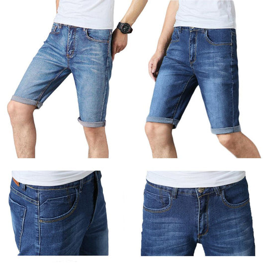 MENS SLIM FIT DENIM SHORTS CASUAL VINTAGE STRETCH COTTON BLUE JEAN SHORTS SUMMER SKINNY FIT MENSWEAR PANTS