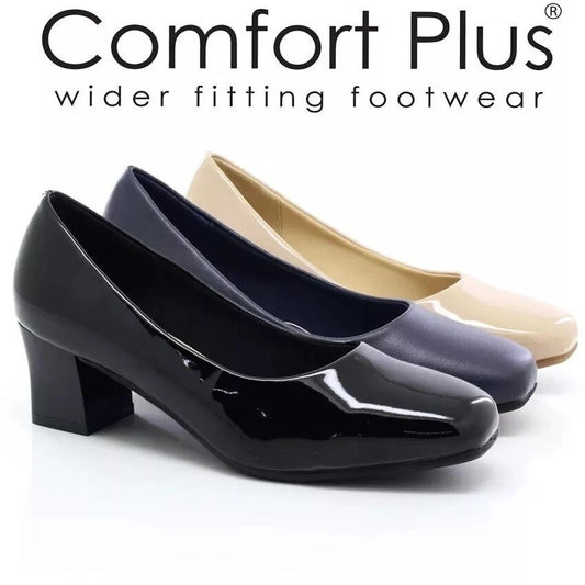 DR KELLER KARLY COMFORT PLUS WOMENS BLOCK HEEL COURT SHOES WIDE FIT SLIP‑ON WORK PUMPS CUSHIONED PU UPPER