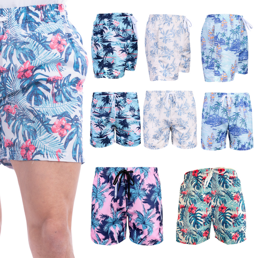 Mens Printed Swim Shorts 100% Polyester Quick Dry Beach Trunks Elasticated Waist Contrast Drawcord Summer Swimming Board Shorts Holiday Surf Activewear
