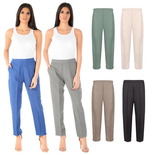 PACK OF 2 LADIES WOMENS HALF ELASTICATED WAIST TROUSERS WITH POCKETS PLUS SIZE 10 to 14