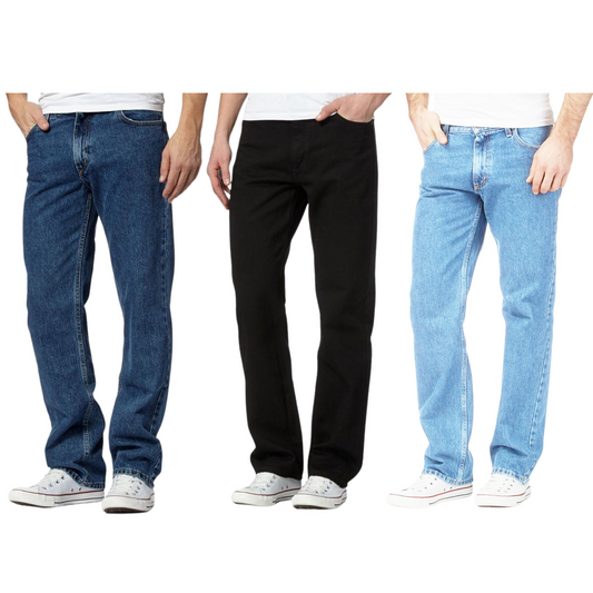 Mens Original Cotton Jeans Basic Plain Straight Leg Heavy Duty Denim Wash Jean Classic Designer Fit Casual Work Wear Zip Fly Belt Loop Pants Pocket Trousers