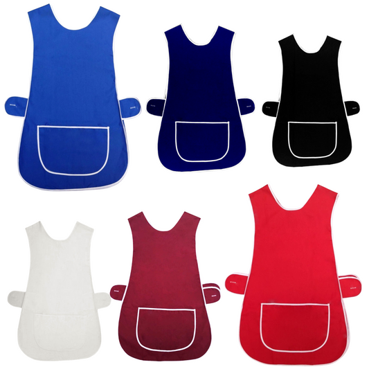 WOMENS TABARD LADIES APRON WITH POCKET WHITE PIPING CLEANING KITCHEN CHEF UNIFORM HOUSEKEEPING WORKWEAR