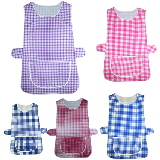 WOMENS CHECKED TABARD LADIES APRON WITH POCKET WHITE PIPING CLEANING KITCHEN CHEF HOUSEKEEPING WORKWEAR UNIFORM
