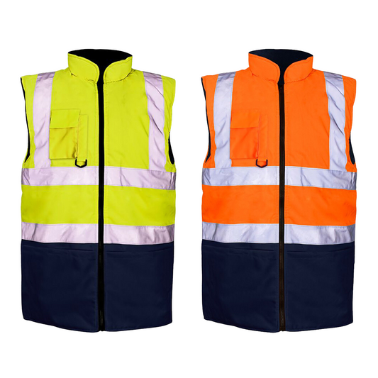 TWO TONE HI VIS BODY WARMER REVERSIBLE FLEECE WAISTCOAT WATERPROOF GILET HIGH VISIBILITY SAFETY VEST WORKWEAR MENS JACKET REFLECTIVE