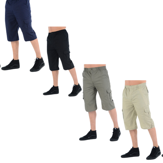 MENS 3/4 CARGO SHORTS LIGHTWEIGHT COMBAT SUMMER PANTS ELASTICATED WAIST CASUAL BEACH WORKWEAR ¾ LENGTH WITH 6 POCKETS S TO 5XL