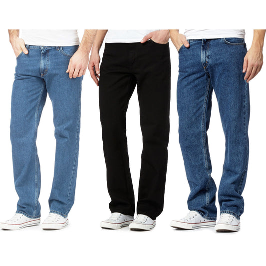 Mens Original Cotton Jeans Basic Plain Straight Leg Heavy Duty Denim Wash Jean Classic Designer Fit Casual Work Wear Zip Fly Belt Loop Pants Pocket Trousers