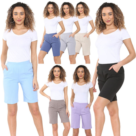 2 Pack Womens Shorts Ladies Half Elasticated Waist Plain Capri Cropped Stretch Short Length Summer Joggers Running Gym Sports Beach Holidays Pants Causal Lounge Wear Bottoms Size 10 to 24