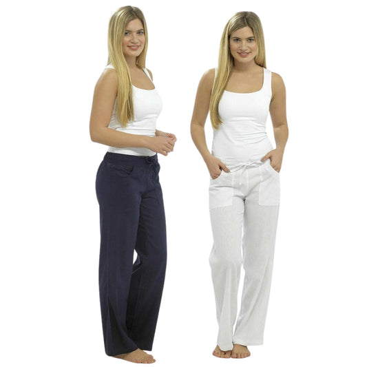 WOMENS LINEN TROUSERS SUMMER CASUAL BEACH PANTS ELASTIC WAIST LIGHTWEIGHT LOOSE FIT