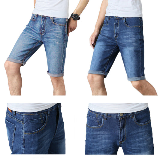 MENS DENIM SHORTS SLIM FIT CASUAL VINTAGE STRETCH HALF JEANS SUMMER SKINNY PANTS