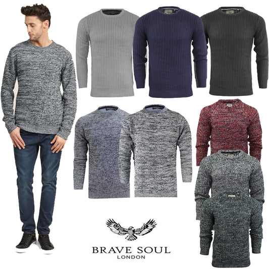 BRAVE SOUL MENS CREW NECK JUMPER LONG SLEEVE CHUNKY CABLE KNIT WINTER SWEATERS