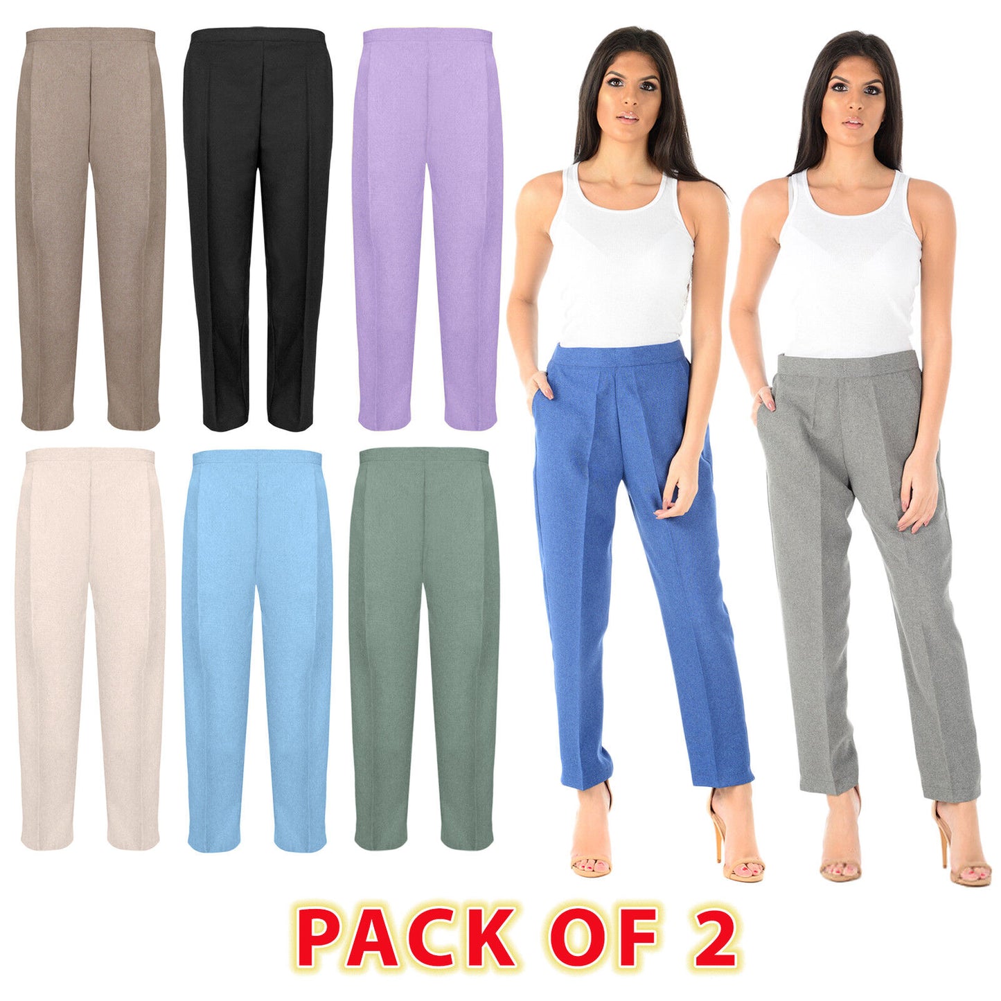 PACK OF 2 LADIES WOMENS HALF ELASTICATED WAIST TROUSERS WITH POCKETS PLUS SIZE 10 to 14