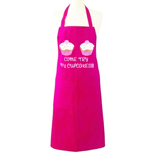 COME TRY MY CUPCAKES FUNNY APRON FUCHSIA UNISEX ADULT WOMENS LADIES MENS CHEF BAKING COOKING KITCHEN BBQ NOVELTY CATERING GIFT BIB