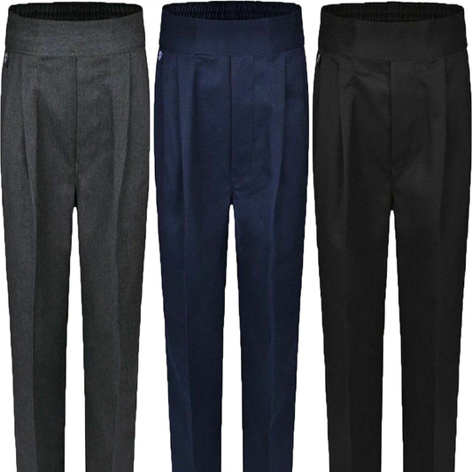 BOYS PULL UP SCHOOL TROUSER BLACK GREY NAVY ELASTICATED BACK SCHOOL WEAR UNIFORM