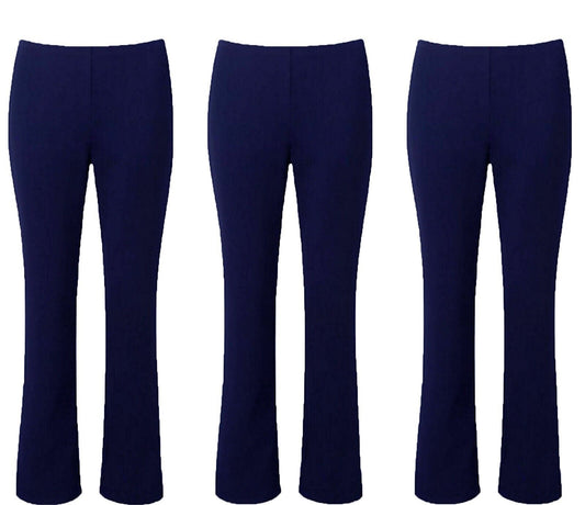 PACK OF 3 LADIES BOOTLEG TROUSERS WOMENS BOOTCUT STRETCH RIBBED ELASTIC WAIST PANTS COMFY CASUAL WORKWEAR FLEXIBLE FIT