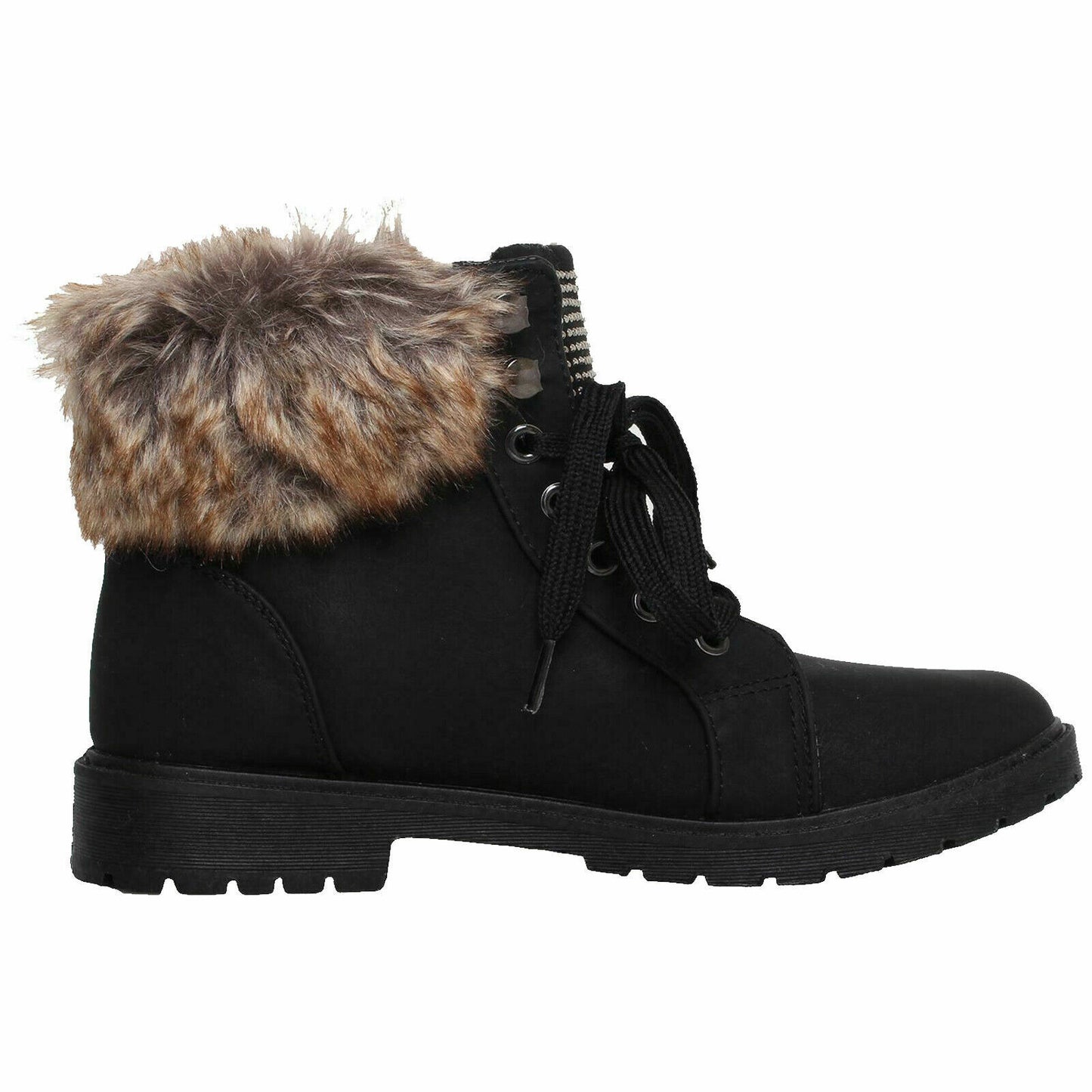 WOMEN FAUX FUR LINING LACE UP WARM WINTER GRIP SOLE TONGUE STYLE ARMY BOOT SHOES