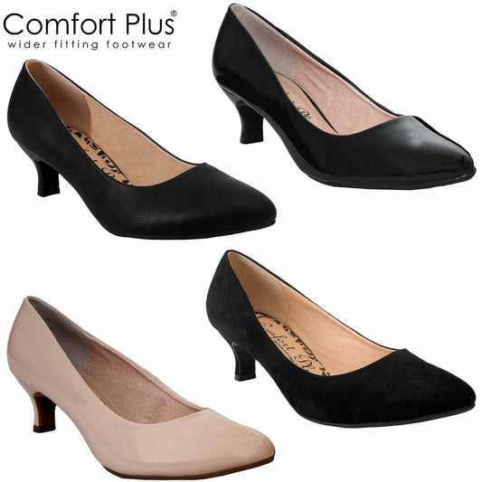 COMFORT PLUS LADIES KITTEN PERFECT HEEL WOMENS CASUAL FORMAL WIDE FITTING LOW COURT SHOE