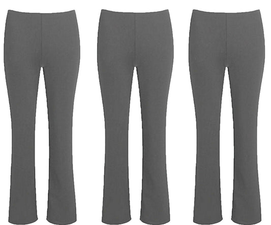 PACK OF 3 LADIES BOOTLEG TROUSERS WOMENS BOOTCUT STRETCH RIBBED ELASTIC WAIST PANTS COMFY CASUAL WORKWEAR FLEXIBLE FIT