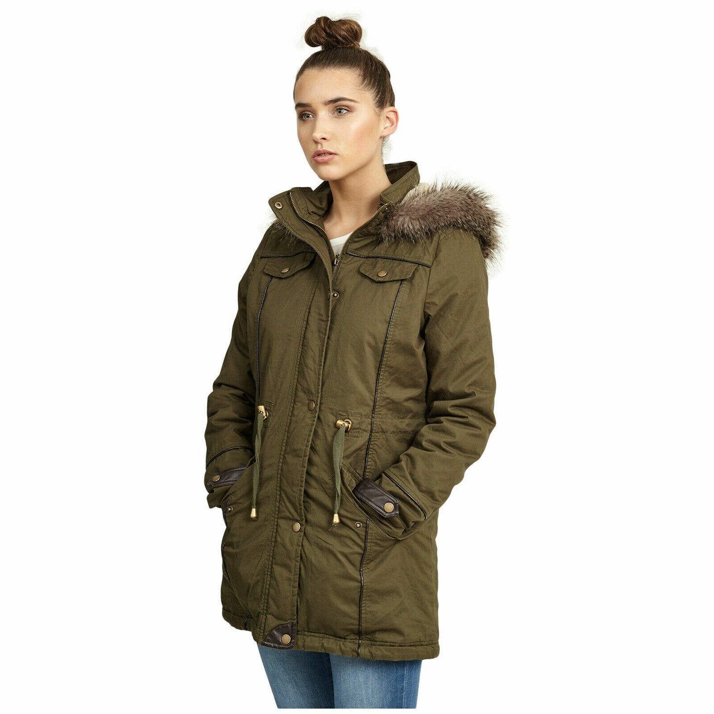 LADIES LIGHTWEIGHT PADDED MILITARY FISHTAIL FAUX FUR HOODED PLUS SIZE JACKET TOP
