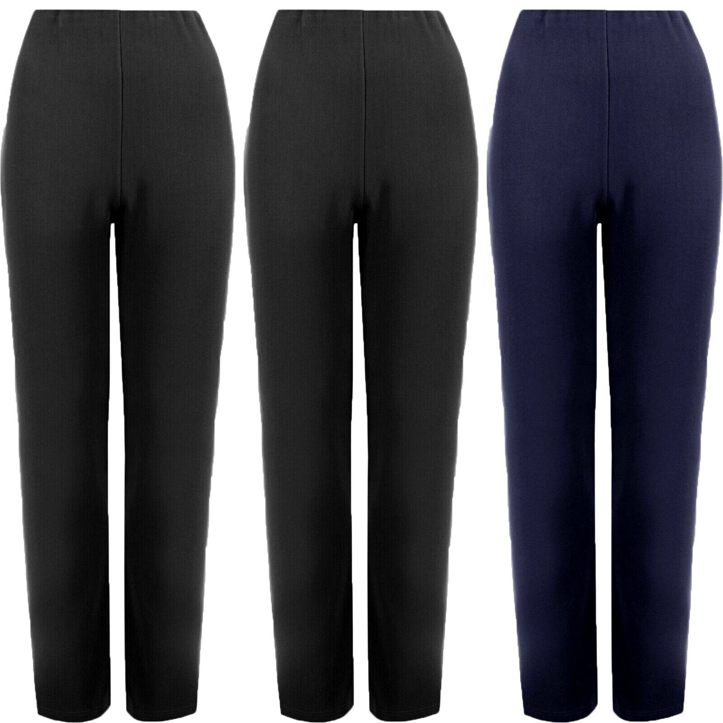 3 PACK WOMENS STRAIGHT LEG TROUSERS LADIES STRETCH PANTS PULL ON BOTTOMS