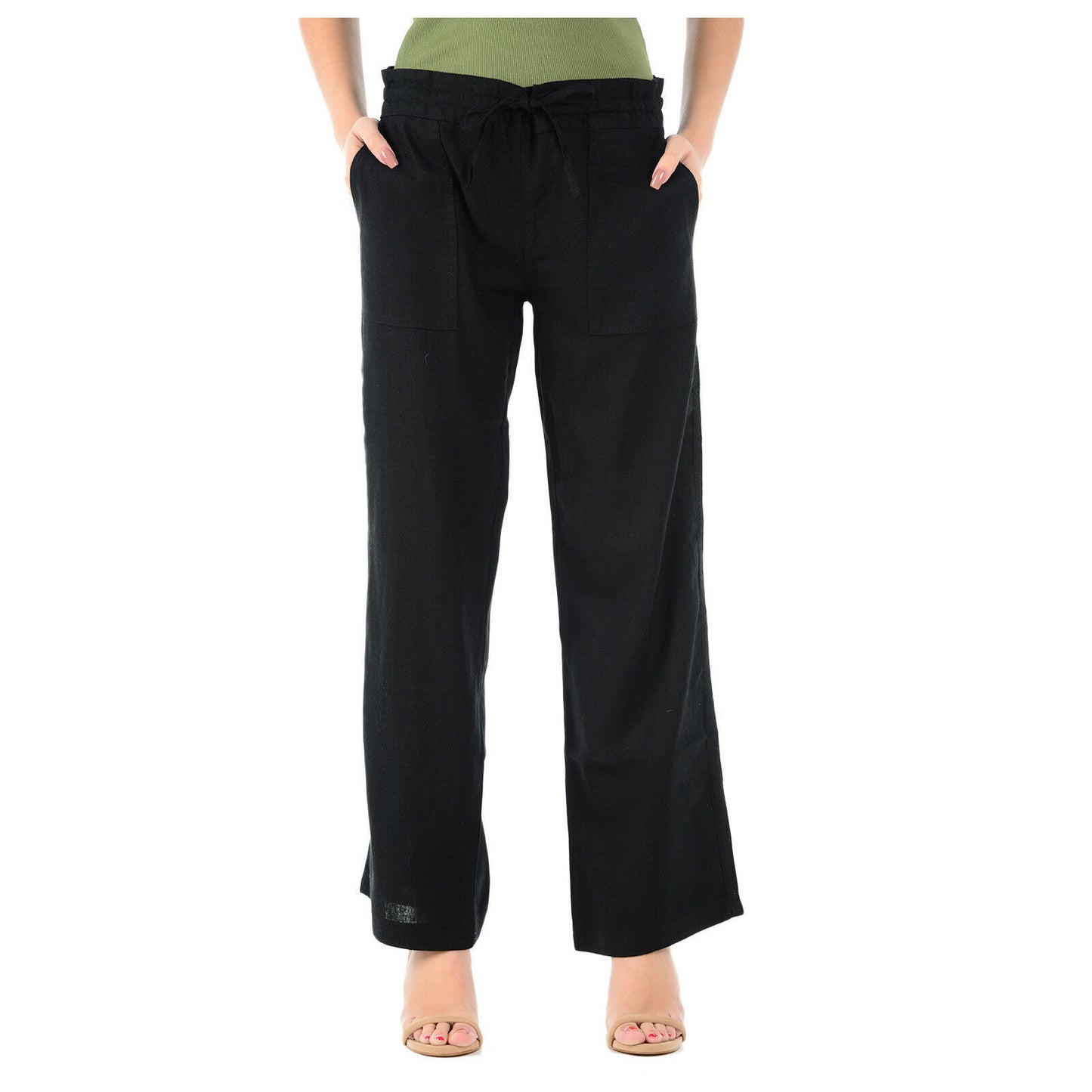 LADIES LINEN TROUSERS CASUAL HOLIDAY WOMEN SUMMER PANT ELASTICATED WAIST BOTTOMS