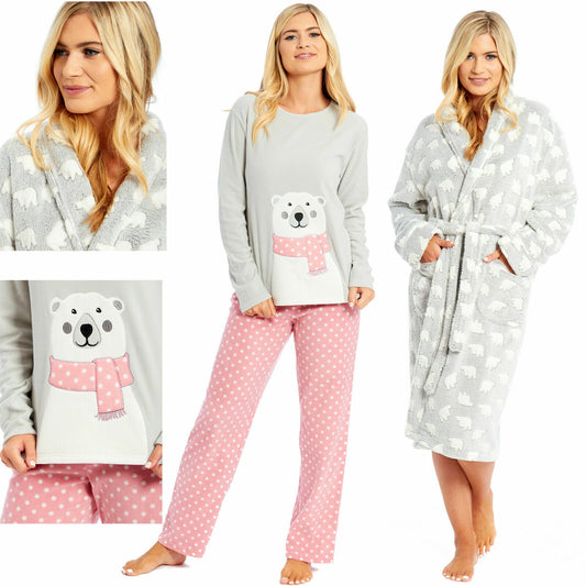 LADIES WOMENS DRESSING GOWN PYJAMAS POLAR FLEECE BATH ROBE PJS NIGHT LOUNGE WEAR