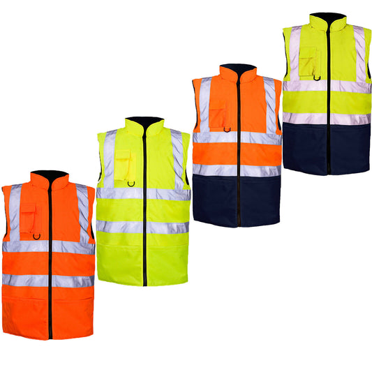 HI VIS VIZ BODY WARMER VISIBILITY FLEECE REVERSIBLE WATERPROOF GILET WAISTCOAT