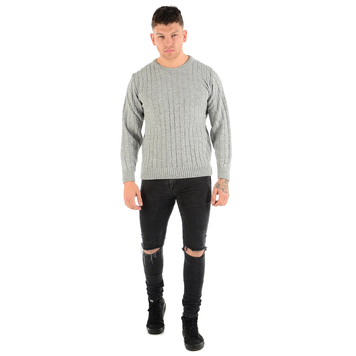 MENS CHUNKY CABLE KNIT JUMPER PLAIN PULLOVER THICK WARM WINTER KNITTED SWEATER