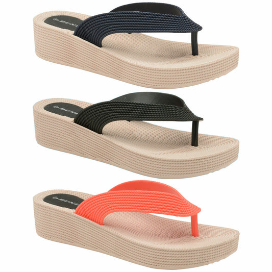 DUNLOP WOMENS FLIP FLOPS PLATFORM WEDGE HEEL SANDALS BEACH POOL TOE POST SHOES (Beach, Pool, Comfort, Height)