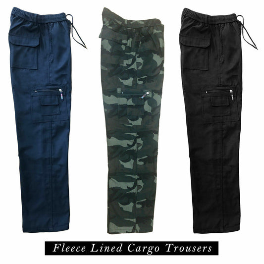 MENS FLEECE LINED CARGO BOTTOMS ELASTICATED WALKING TROUSERS COMBAT WORK PANTS