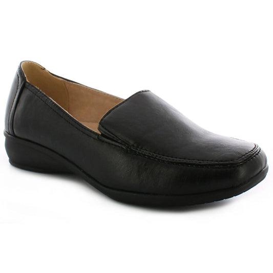 LADIES WOMEN WIDE FIT SHOES LOW WEDGE LEATHER LINING WORK MOCCASIN CASUAL LOAFER