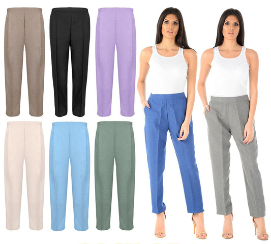 PACK OF 2 LADIES WOMENS HALF ELASTICATED WAIST TROUSERS WITH POCKETS PLUS SIZE 16 to 20