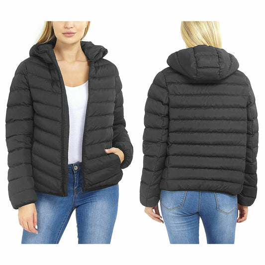 WOMENS PADDED PUFFER JACKET HOODED WINTER WARM POCKETS CASUAL PLAIN PARKA COAT