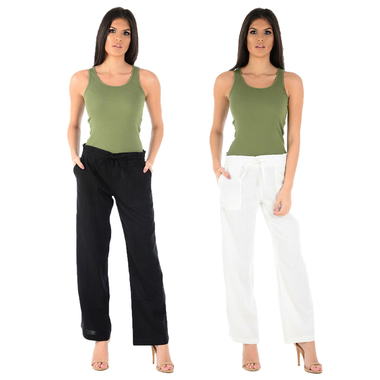 LADIES LINEN TROUSERS CASUAL HOLIDAY WOMEN SUMMER PANT ELASTICATED WAIST BOTTOMS