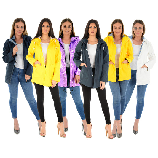 LADIES RAINCOAT WOMENS WATERPROOF FESTIVAL HOODED COAT PARKA RUBBERISED JACKET