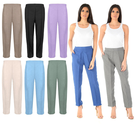 PACK OF 2 LADIES WOMENS HALF ELASTICATED WAIST TROUSERS WITH POCKETS PLUS SIZE 22 to 24