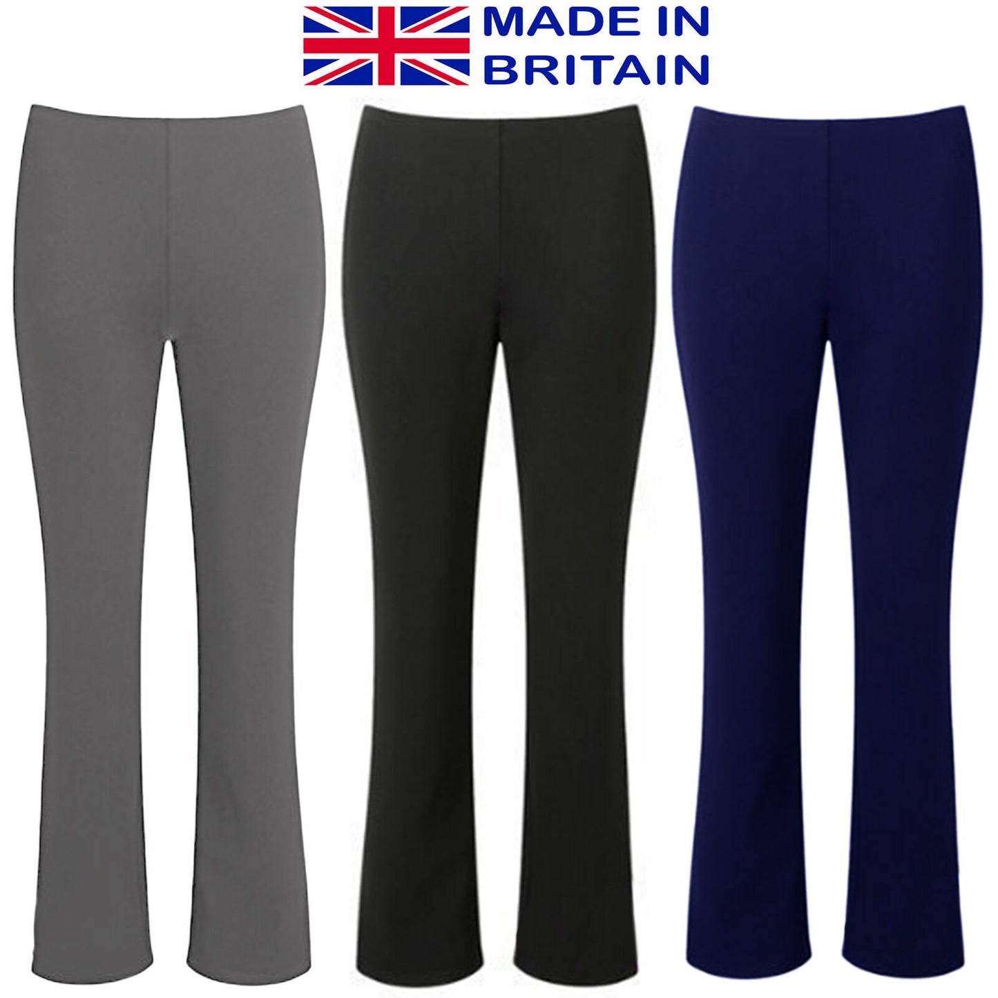 3 PACK LADIES BOOTLEG TROUSERS WOMENS BOOT CUT STRETCH RIBBED ELASTICATED WAIST PANTS
